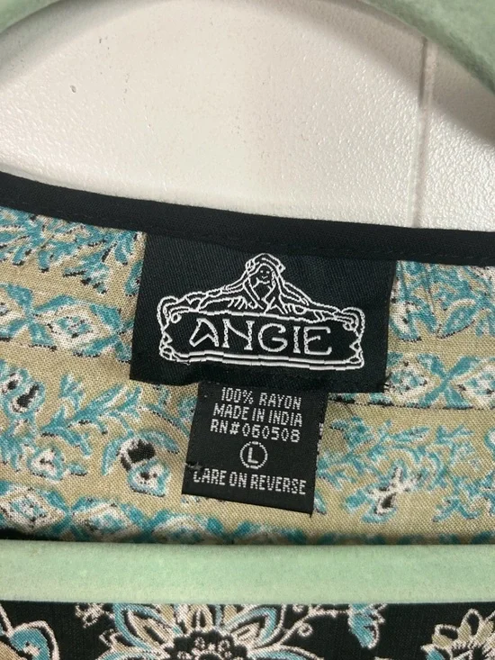 Angie Boho Floral Tunic Top V-Neck Bell Sleeve Black Blue Size Large Bohemian - Picture 4 of 10